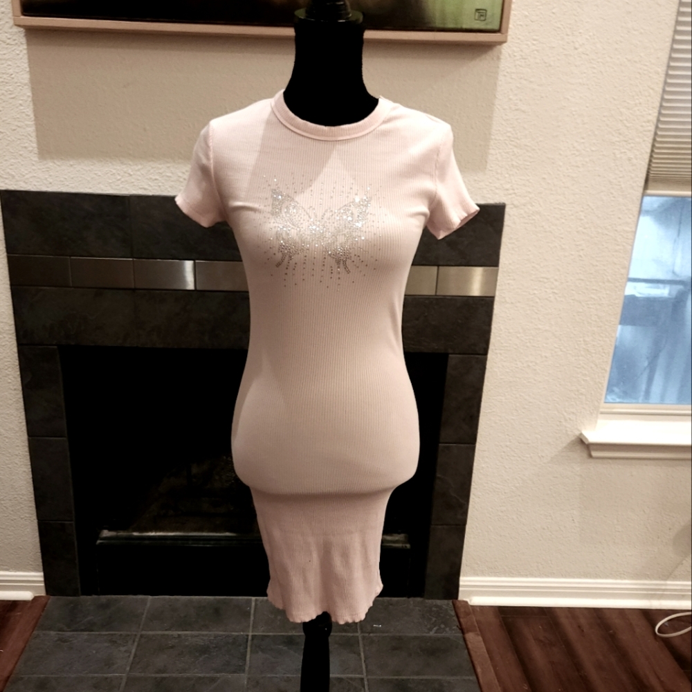Baby Pink Butterfly Bling Stretch T Shirt Dress XS NWOT